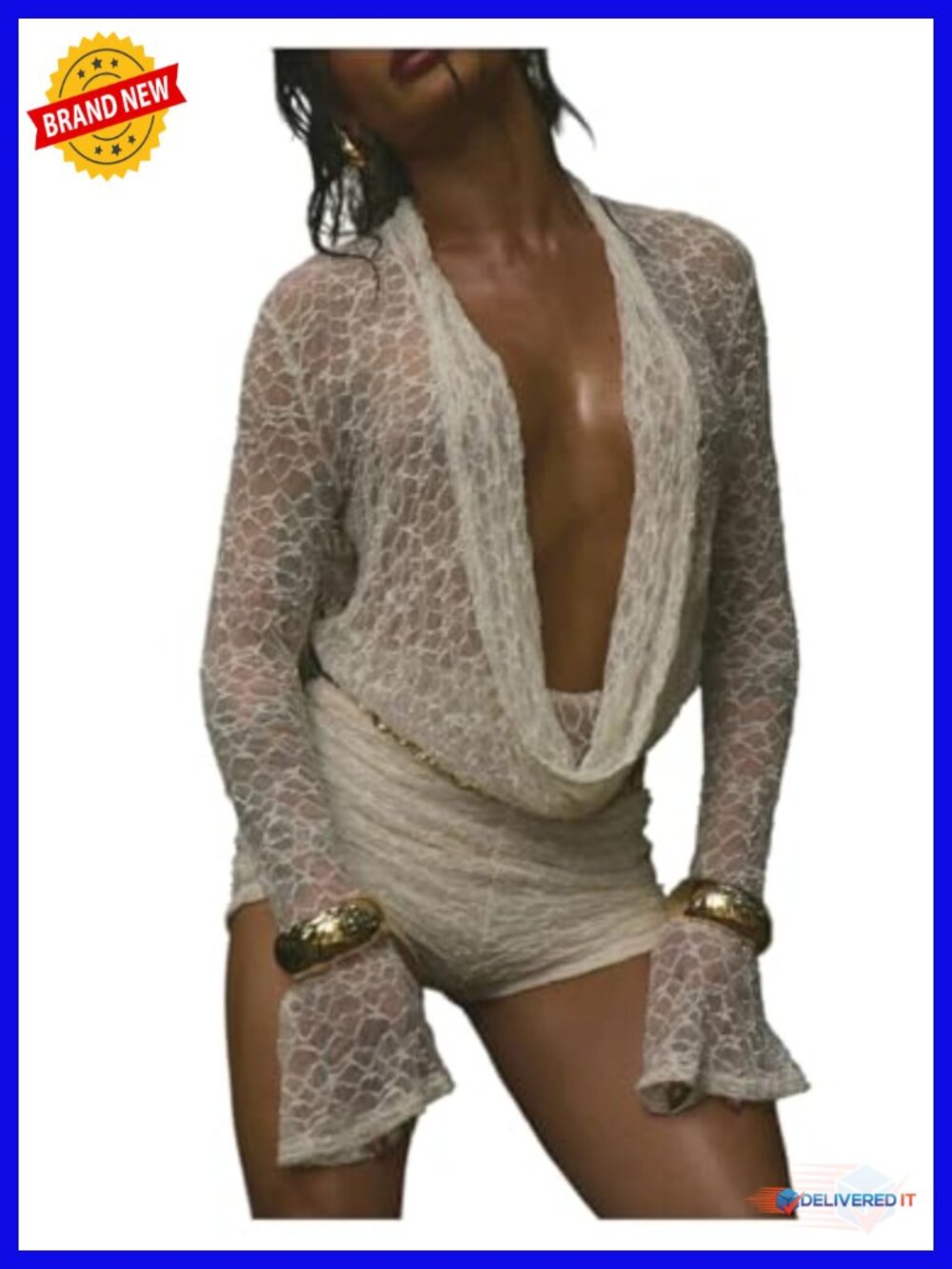 Lace Romper Jumpsuit Long Sleeve Sheer Mesh Draped Neck Bodysuit